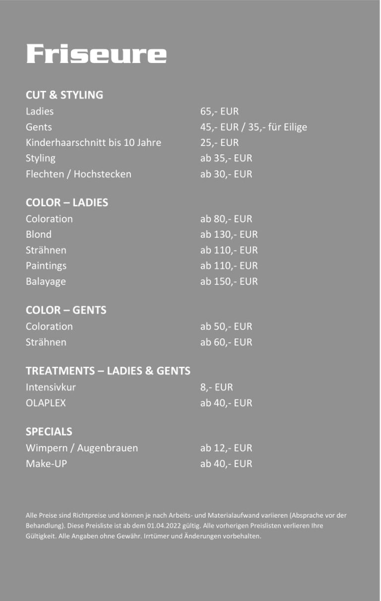 Preisliste Schönheitsrausch für Friseur Haarentfernung Wimpern